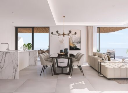 Apartamenty na sprzedaż w Esteponie – Alchemist – nowoczesny salon z jadalnią i otwartą kuchnią