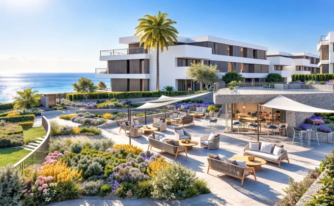 Modern seaside apartments with landscaped gardens, lounge terrace and palm trees overlooking the ocean.