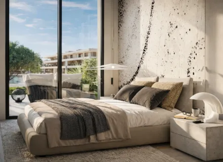Modern luxury bedroom with terrace view – apartments for sale Benahavis