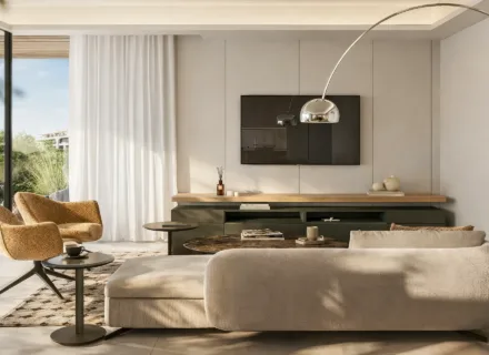 Modern luxury living room with terrace view – apartments for sale Benahavis