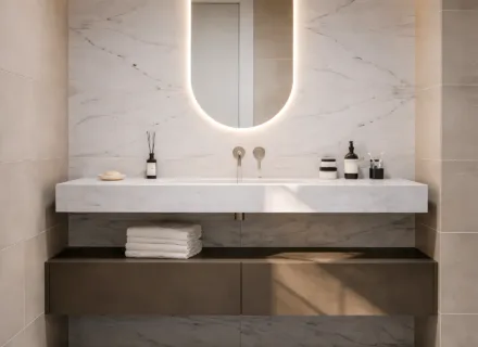Modern luxury bathroom with marble finish – apartments for sale Benahavis