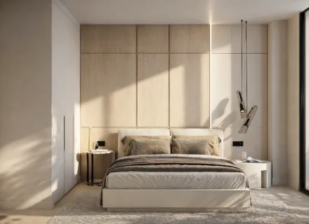 Modern minimalist bedroom with wooden wall design – apartments for sale Benahavis