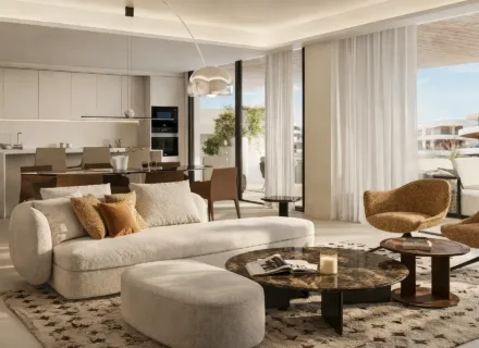 Modern living room with open-plan kitchen and terrace – apartments for sale Benahavis