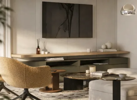 Modern living room with TV and designer furniture – apartments for sale Benahavis