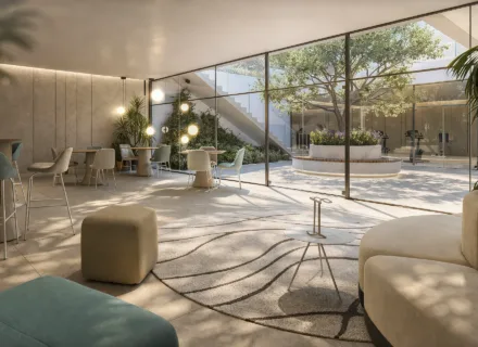 Modern lounge and communal area with garden view – apartments for sale Benahavis