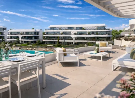 Luxury apartment terrace with pool view and outdoor dining – apartments for sale Benahavis