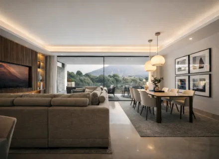 Modern living and dining room with large sofa, elegant dining table, warm lighting and floor-to-ceiling windows with views.