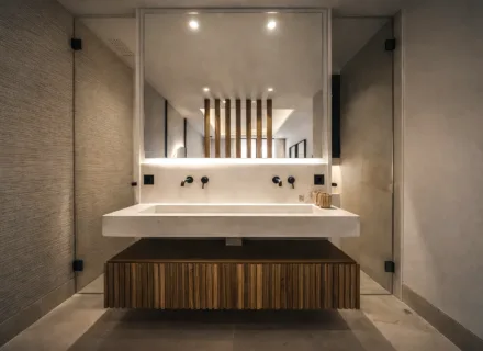 Modern bathroom with double sink vanity, wooden cabinet, large backlit mirror, minimalist black fixtures and glass walls.