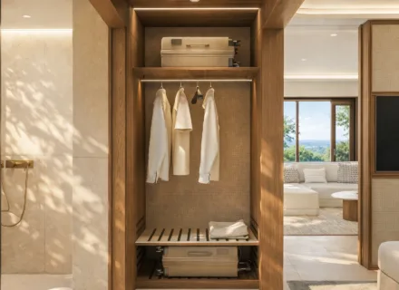 Azurean Marbella built-in wardrobe with elegant storage solutions, warm wood finishes and luxury apartment interior design