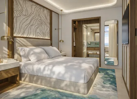 Azurean Marbella elegant bedroom with soft textiles, designer lighting, natural materials and luxury apartment interior style