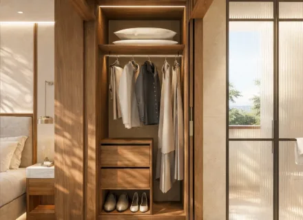 Azurean Marbella luxury built-in wardrobe with custom storage, elegant wood finishes and refined apartment interior design