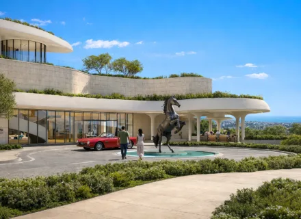 Azurean Marbella luxury residential entrance with iconic architecture, landscaped surroundings, sea views and exclusive design