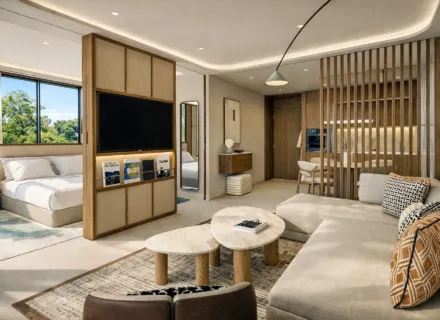 Azurean Marbella modern apartment interior with open living space, bedroom area, elegant design, natural light and luxury finish