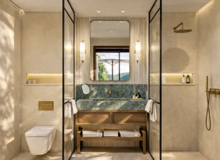 Azurean Marbella modern bathroom with walk-in shower, elegant vanity, natural materials and luxury apartment finish