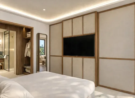 Azurean Marbella modern bedroom interior with built-in wardrobe, TV panel, elegant finishes and luxury apartment style