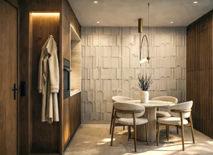 Azurean Marbella modern dining area with elegant kitchen design, warm wood finishes, designer lighting and luxury apartment style