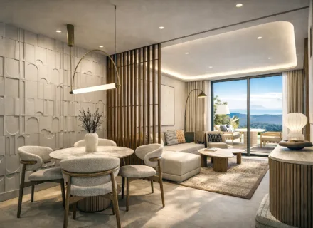 Azurean Marbella modern open-plan living and dining area with terrace view, elegant furniture, natural light and luxury design