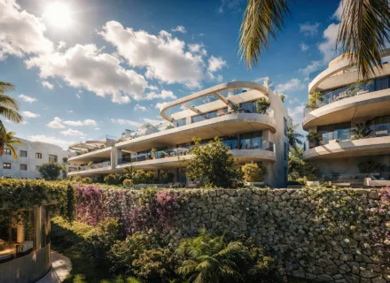 Modern luxury apartment complex with curved terraces, glass balconies, palm trees and lush gardens under sunny sky in Spain.