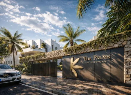 Entrance to The Palms at Estepona with palm trees, stone wall, elegant gate and modern buildings in sunny Spain.