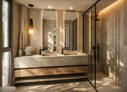 Contemporary bathroom with double vanity, stone walls, backlit mirrors and glass walk-in shower in luxury apartment.