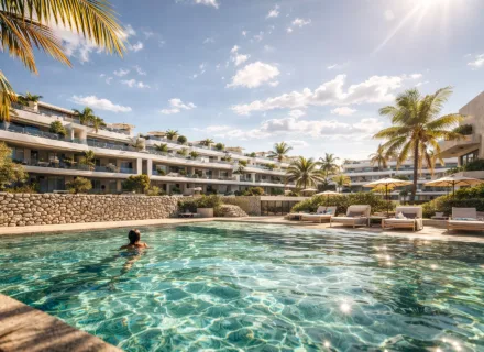 Luxury residential complex with large swimming pool, sun loungers, palm trees and modern apartments under blue sky.