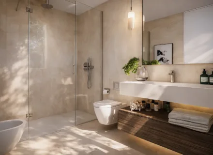 Modern beige bathroom with walk-in glass shower, floating vanity, soft lighting, plants and natural sunlight in luxury home
