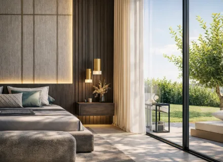 Elegant modern bedroom with large glass doors, soft neutral tones, designer lighting, lush garden view and natural daylight in luxury villa