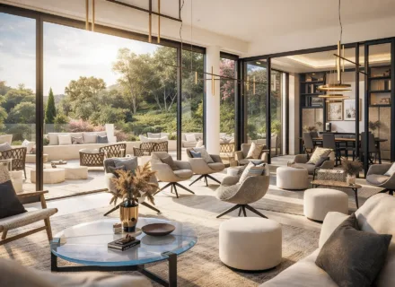 Bright luxury lounge with panoramic glass walls, elegant seating, neutral tones, designer lighting and seamless indoor-outdoor living space