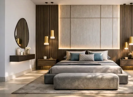 Luxury master bedroom with upholstered bed, warm wood panels, soft ambient lighting, neutral textiles and elegant modern design