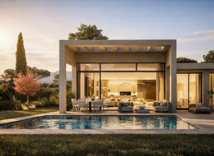 Modern luxury villa with swimming pool at sunset, large glass facade, elegant outdoor seating and warm interior lighting in Andalusia