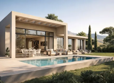 Modern minimalist villa with swimming pool, spacious terrace, outdoor lounge furniture, large glass windows and landscaped garden in Andalusia