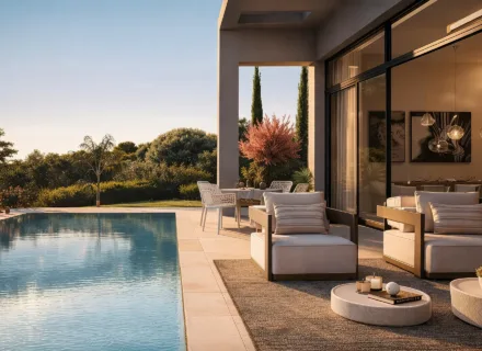 Luxury outdoor lounge by swimming pool with modern seating, glass walls, warm evening light and landscaped garden in Andalusia