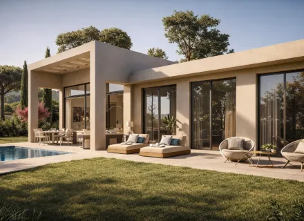 Modern villa with private pool and terrace, outdoor seating, large glass doors, manicured lawn and Mediterranean landscape in Andalusia