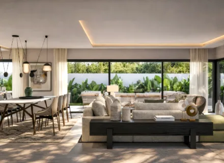 Contemporary luxury living space with garden views at One Bali Villas