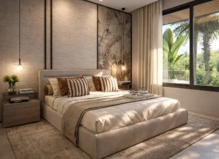 Contemporary villa bedroom with floor-to-ceiling window at One Bali Villas, Bali