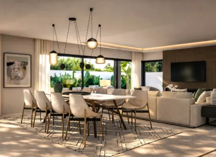 Contemporary villa lounge and dining area with garden views at One Bali Villas