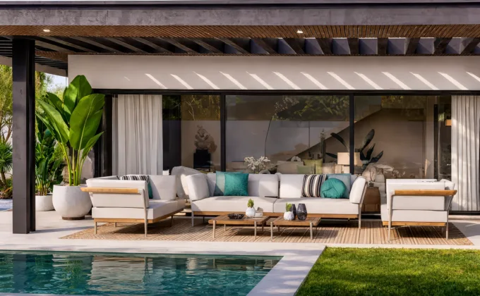 Luxury private pool villa terrace with outdoor seating at One Bali Villas