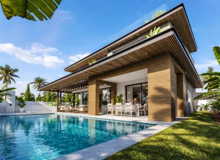 Modern tropical villa with private swimming pool and covered terrace at One Bali Villas