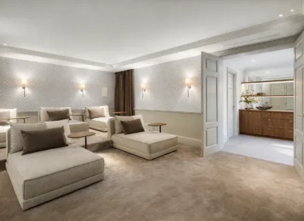Private cinema and lounge area at Villa Liora in Marbella with plush seating, soft lighting and refined luxury design