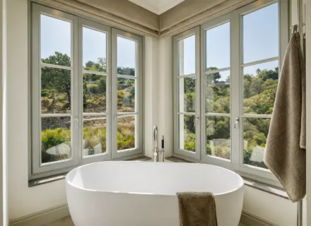 Luxury bathroom at Villa Liora in Marbella with freestanding bathtub, large windows and tranquil views of lush greenery
