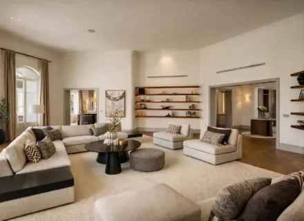 Elegant living room at Villa Liora in Marbella featuring spacious interior, neutral tones, designer furniture and natural light