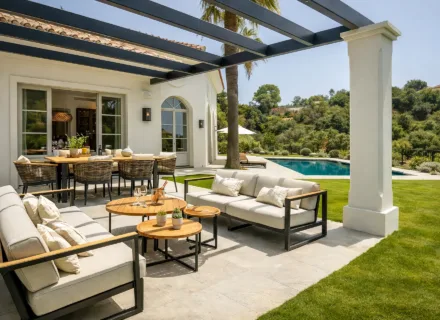 Outdoor terrace at Villa Liora in Marbella with covered lounge, dining area, garden and swimming pool views