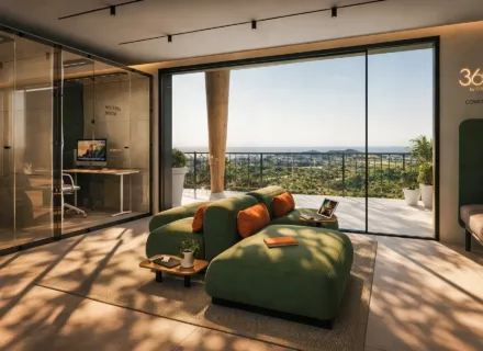 Modern coworking space at Apartments 360º by Cordia in Mijas, offering stylish interiors, natural light and panoramic views of the sea and surroundings