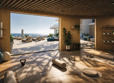 Modern fitness and yoga studio at Apartments 360º by Cordia in Mijas, designed for wellness, natural light and inspiring sea views