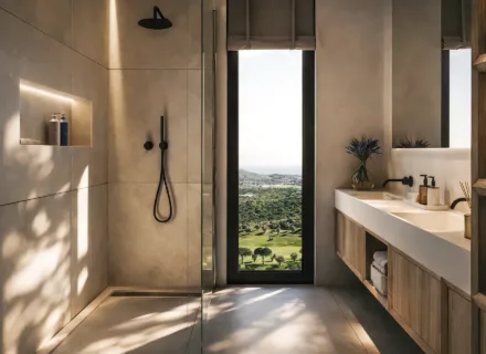 Modern luxury bathroom at Apartments 360º by Cordia in Mijas, featuring elegant finishes, walk-in shower and panoramic views over the surrounding landscape