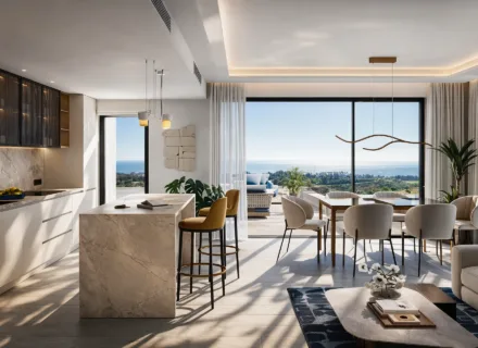 Elegant interior of Apartments 360º by Cordia in Mijas, featuring a modern open-plan living space, premium finishes and panoramic sea views
