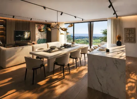 Luxury open-plan living and dining area at Apartments 360º by Cordia in Mijas, featuring premium finishes, modern design and panoramic sea views