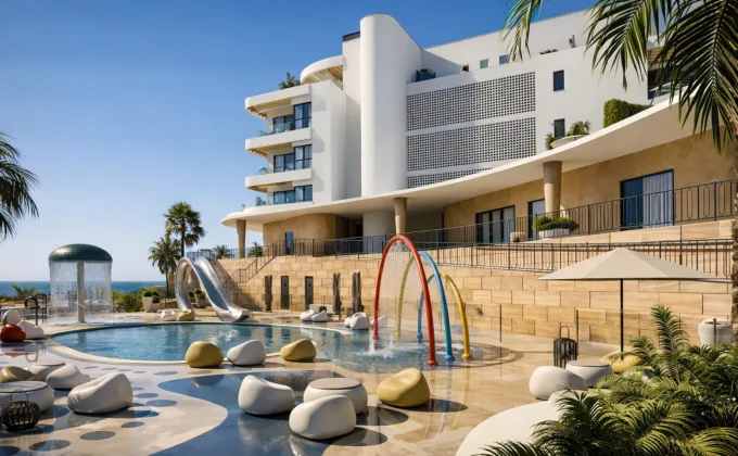 Luxury pool area at Apartments 360º by Cordia in Mijas, featuring modern design, family-friendly amenities and a prime location near the sea