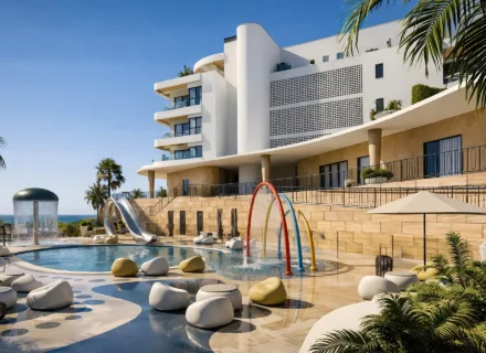 Luxury pool area at Apartments 360º by Cordia in Mijas, featuring modern design, family-friendly amenities and a prime location near the sea