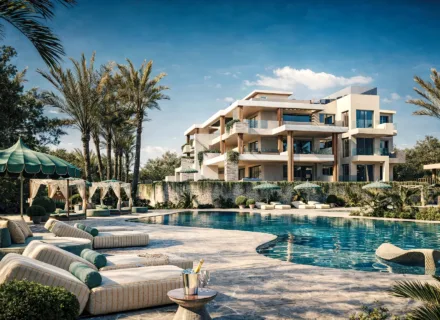 Luxury Sierra Blanca by the Sea apartments with a large swimming pool, relaxation areas and elegant palm-lined architecture